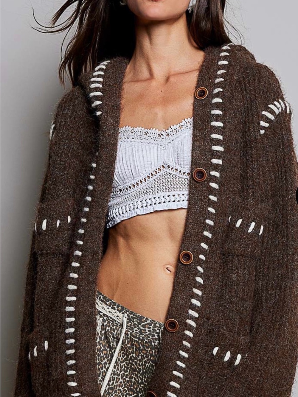 COMING SOON- POL Brown Open-Stitch Button Cardigan with White Detailing